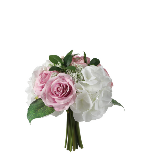 Bouquet di rose, ortensie e gipsofile