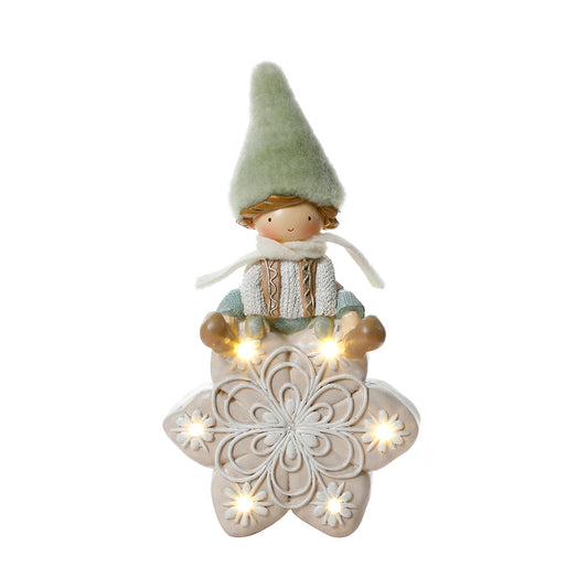 Figurina di Noël Garçon à bonnet vert sur Flocon LED