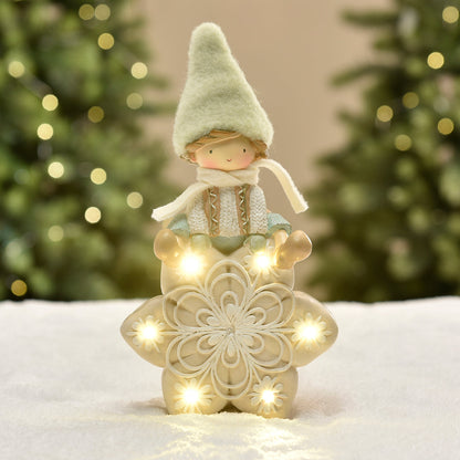 Figurina di Noël Garçon à bonnet vert sur Flocon LED