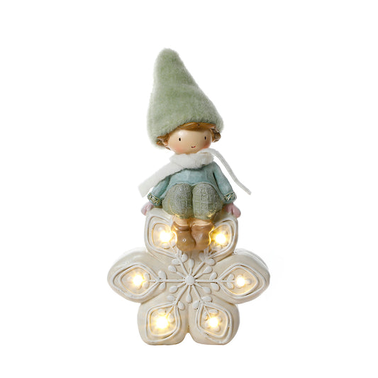 Figurina di Noël Garçon à bonnet vert sur Flocon LED
