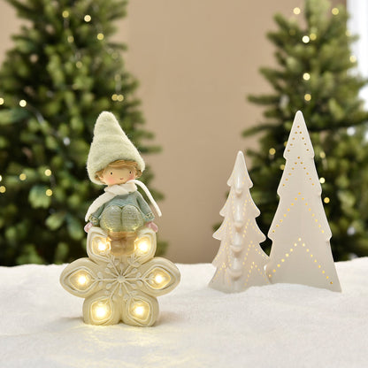 Figurina di Noël Garçon à bonnet vert sur Flocon LED